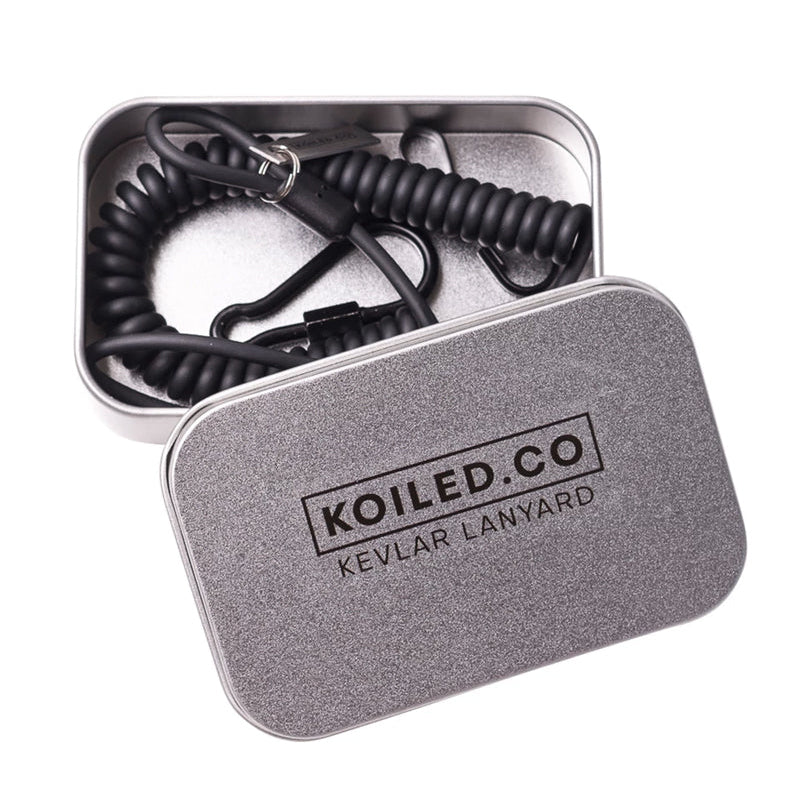 KOILED kevlar coiled lanyard in premium gift tin packaging