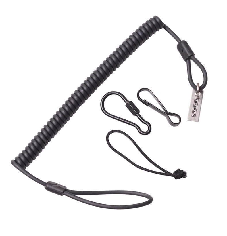 Kevlar coiled lanyard with three attachment clips rated to 265lb breaking strain